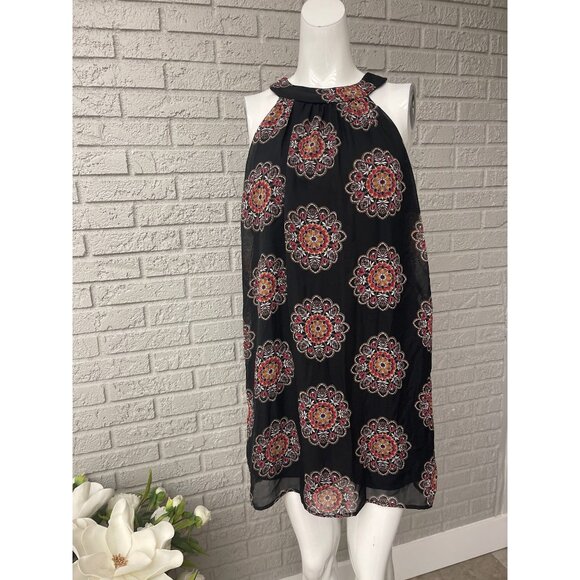 Crystal Sky Women Black & Red Medallion Print Halter Mini Dress Size S - Picture 1 of 9